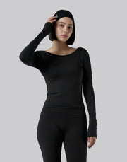 Round Open Back Long Sleeve Top - Black