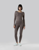 Round Open Back Long Sleeve Top - Brown