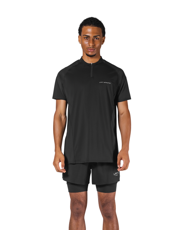 Shoulder Pattern Half Zip Stretch T-Shirt - Black