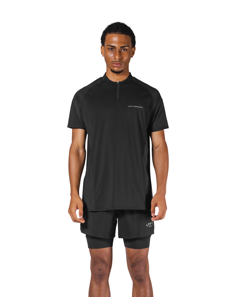 Shoulder Pattern Half Zip Stretch T-Shirt - Black – LÝFT Shoulder Pattern Half Zip Stretch T-Shirt - Black – LÝFT