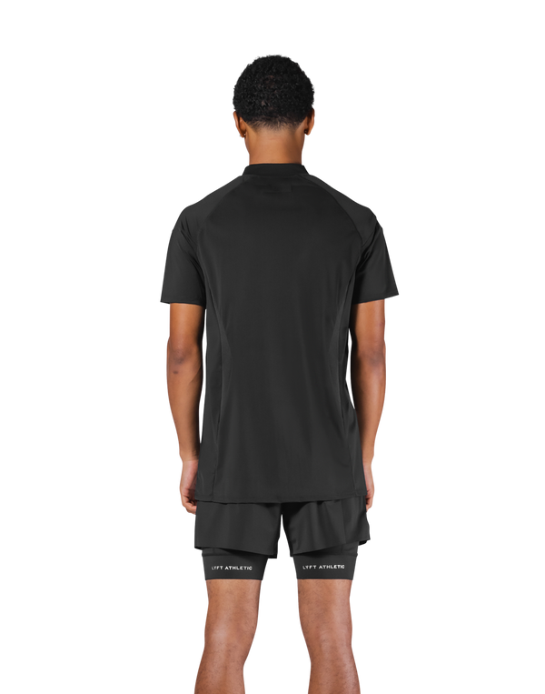 Shoulder Pattern Half Zip Stretch T-Shirt - Black