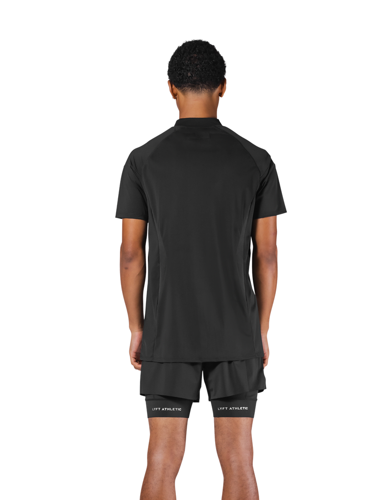 Shoulder Pattern Half Zip Stretch T-Shirt - Black