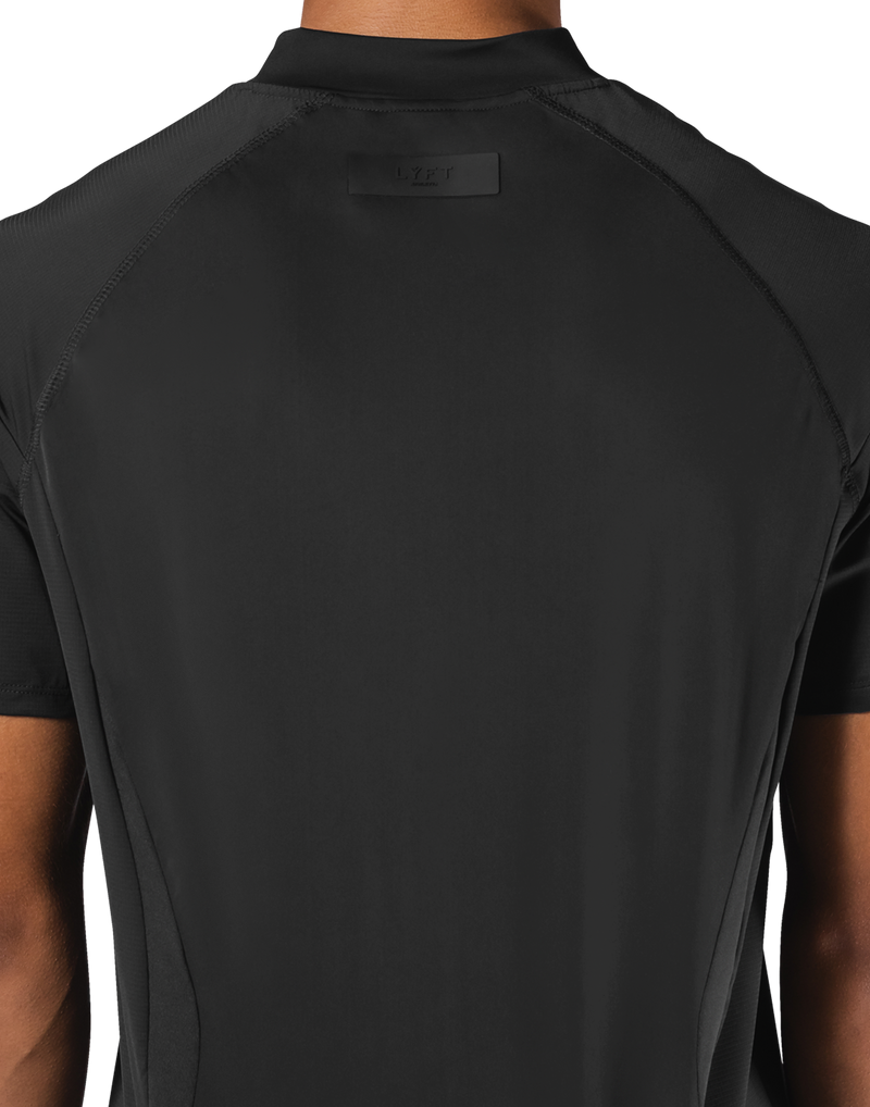 Shoulder Pattern Half Zip Stretch T-Shirt - Black