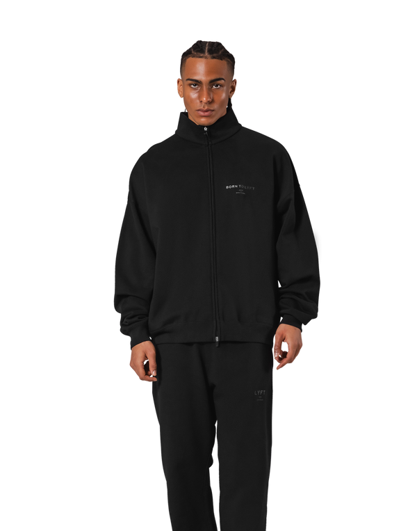 Stand Collar Zip-Up Oversize Sweat Jacket - Black