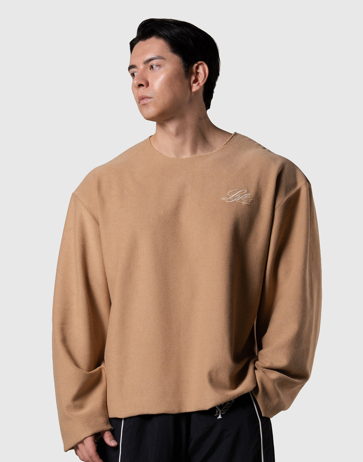 Script Logo Cut-Off Sweat Long Sleeve T-Shirt - Beige