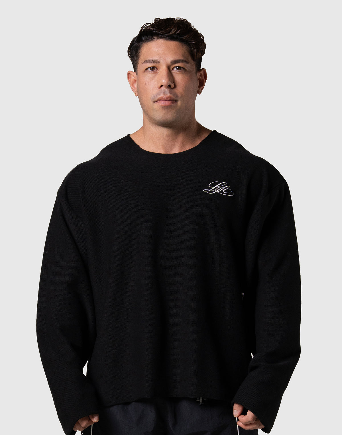 Script Logo Cut-Off Sweat Long Sleeve T-Shirt - Black