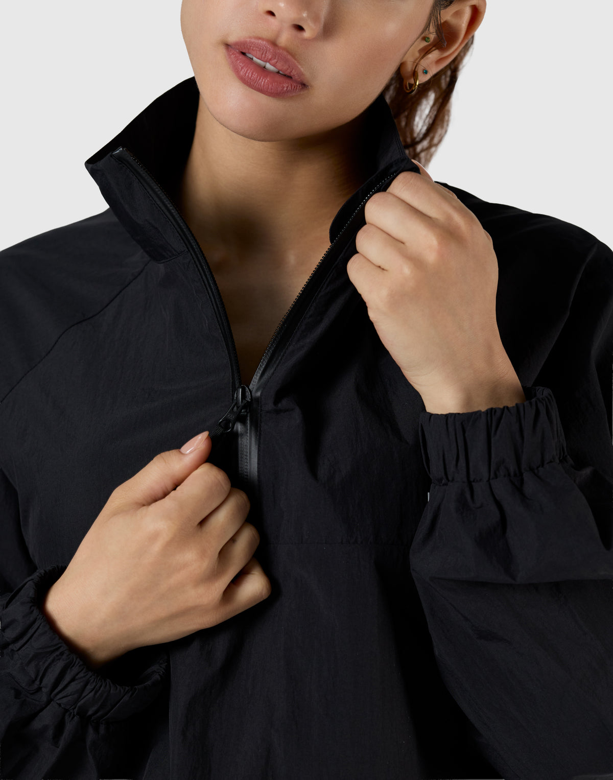 Half-Zip Cropped Nylon Pullover - Black