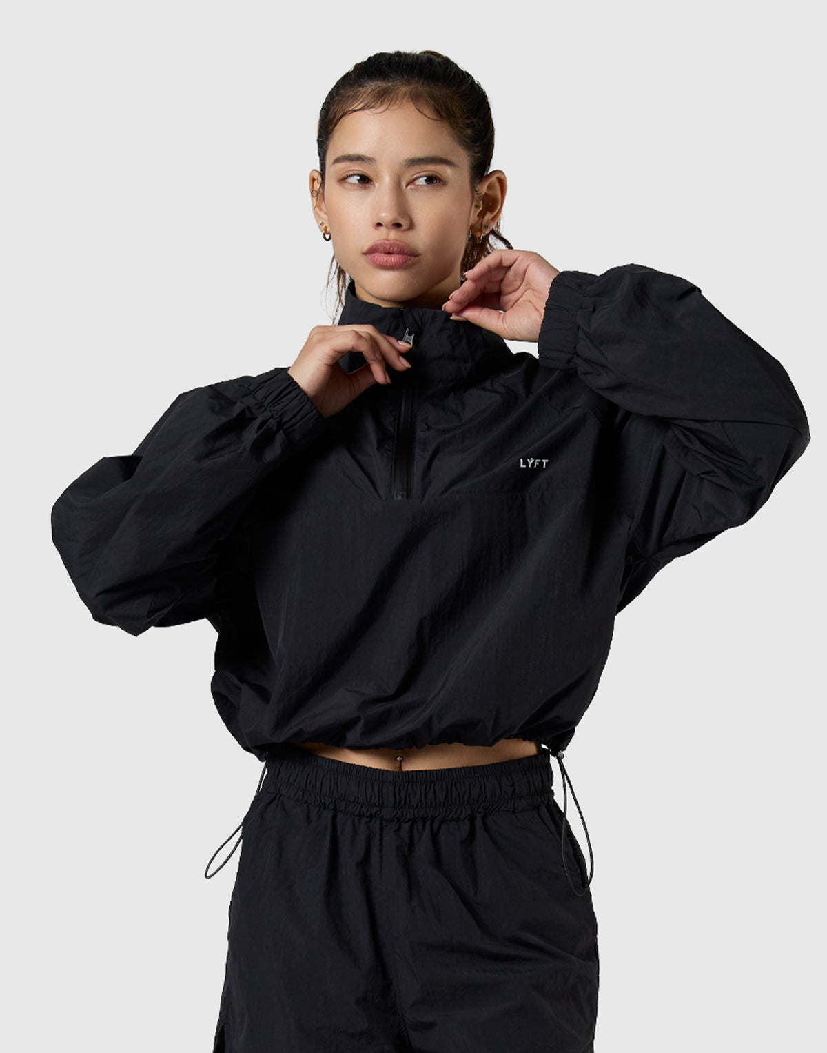 Half-Zip Cropped Nylon Pullover - Black