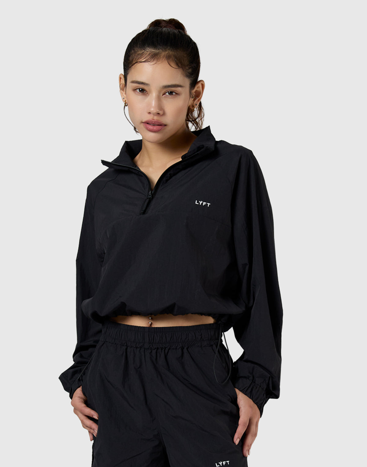 Half-Zip Cropped Nylon Pullover - Black