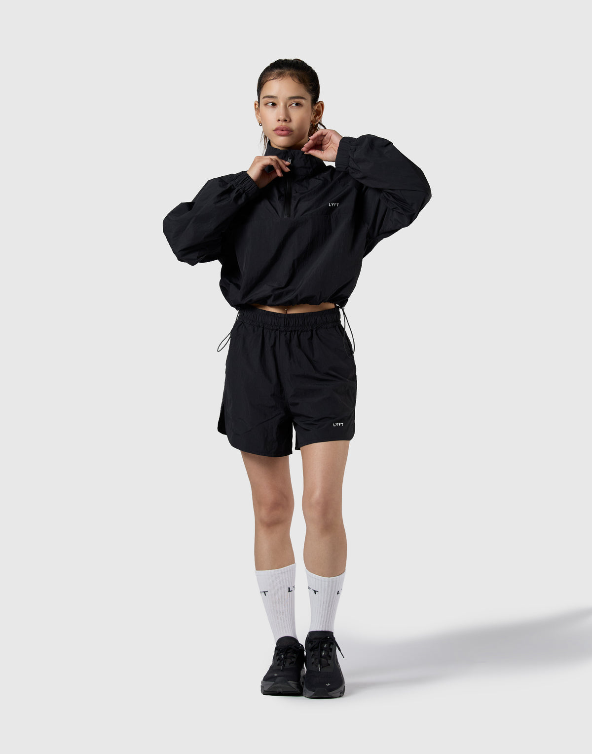 Half-Zip Cropped Nylon Pullover - Black