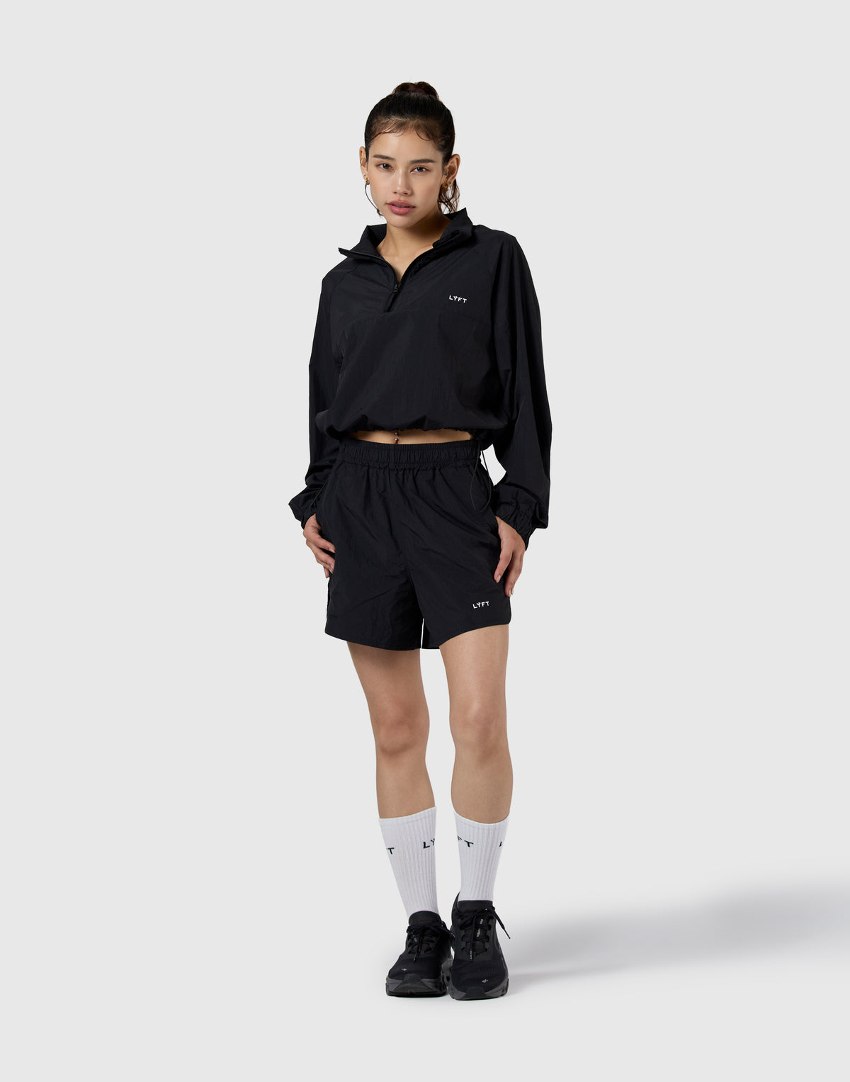 Half-Zip Cropped Nylon Pullover - Black