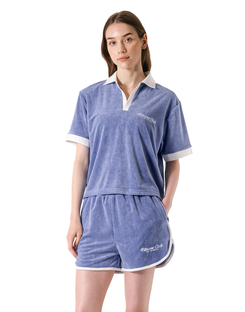 Bicolor Split Neck Pile T-Shirt - Blue