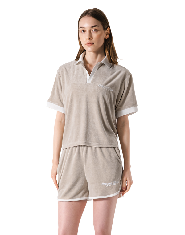 Bicolor Split Neck Pile T-Shirt - Beige