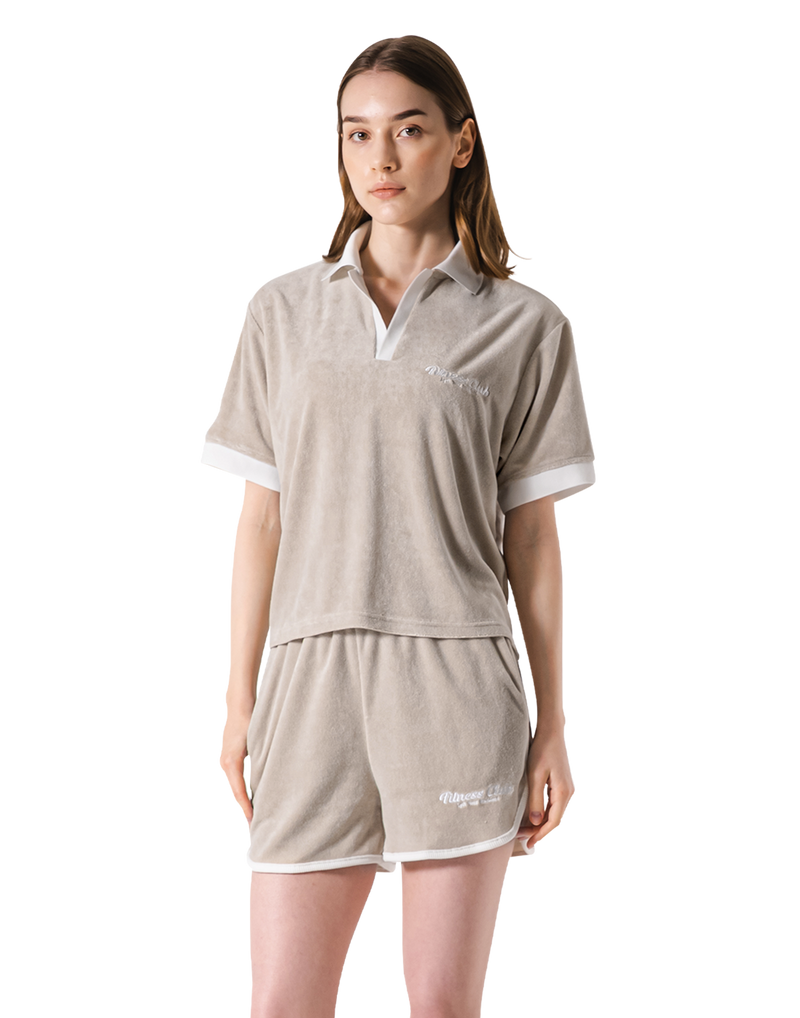 Bicolor Split Neck Pile T-Shirt - Beige