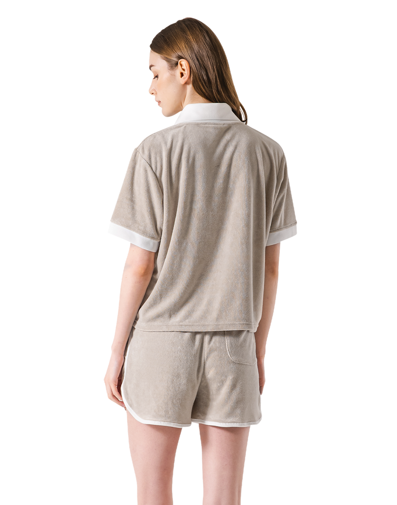 Bicolor Split Neck Pile T-Shirt - Beige
