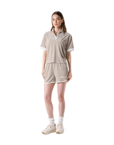 Bicolor Split Neck Pile T-Shirt - Beige