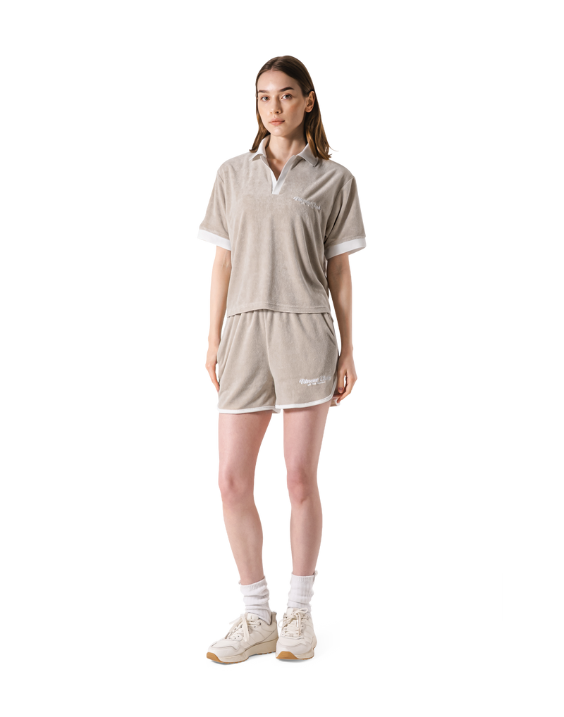 Bicolor Split Neck Pile T-Shirt - Beige