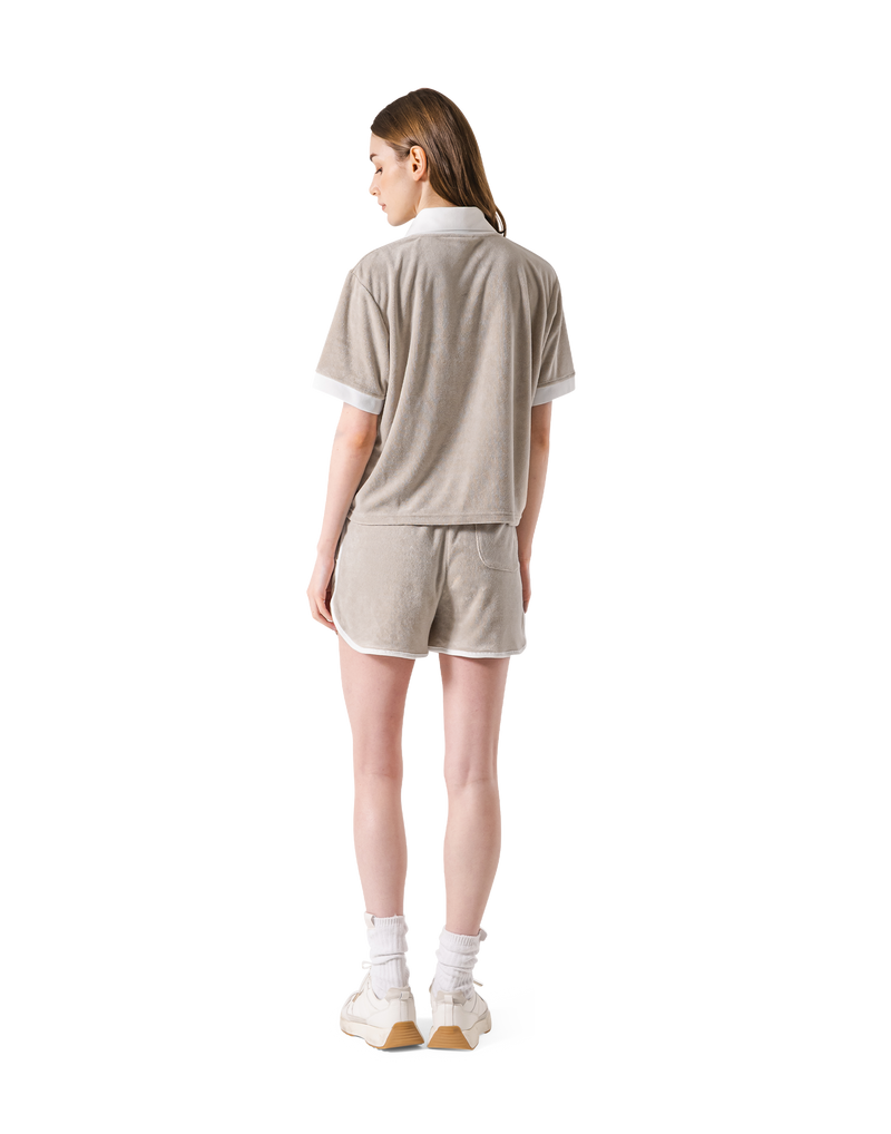 Bicolor Split Neck Pile T-Shirt - Beige