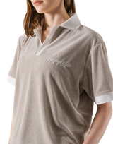 Bicolor Split Neck Pile T-Shirt - Beige