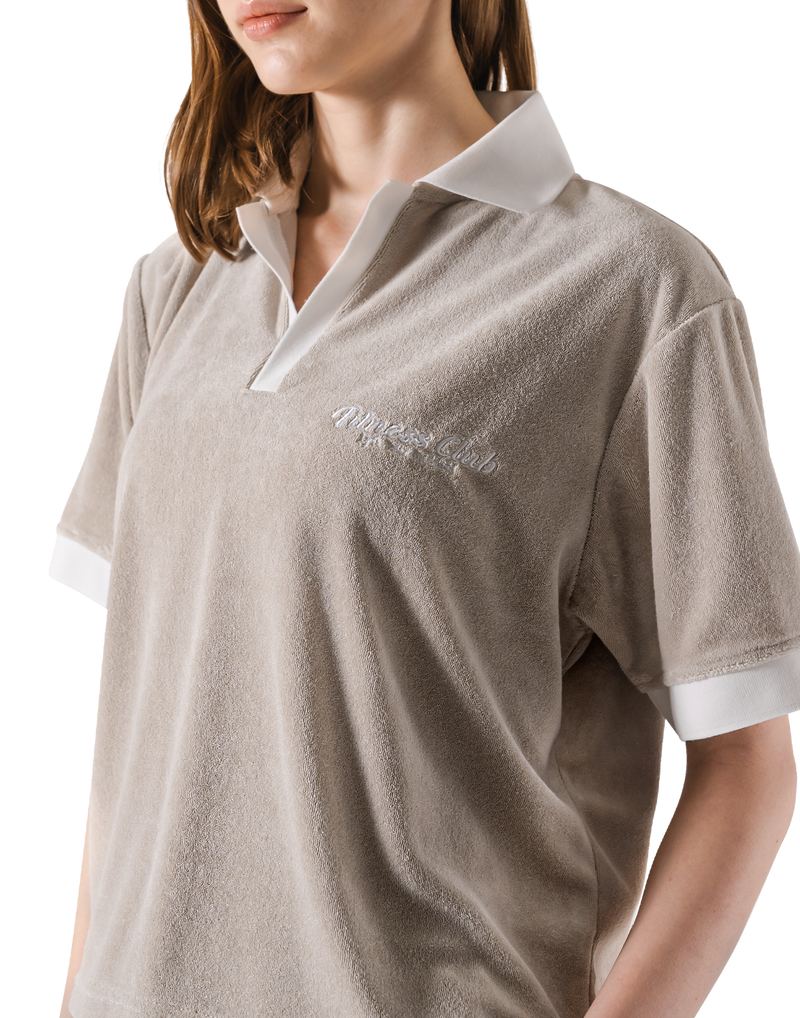 Bicolor Split Neck Pile T-Shirt - Beige