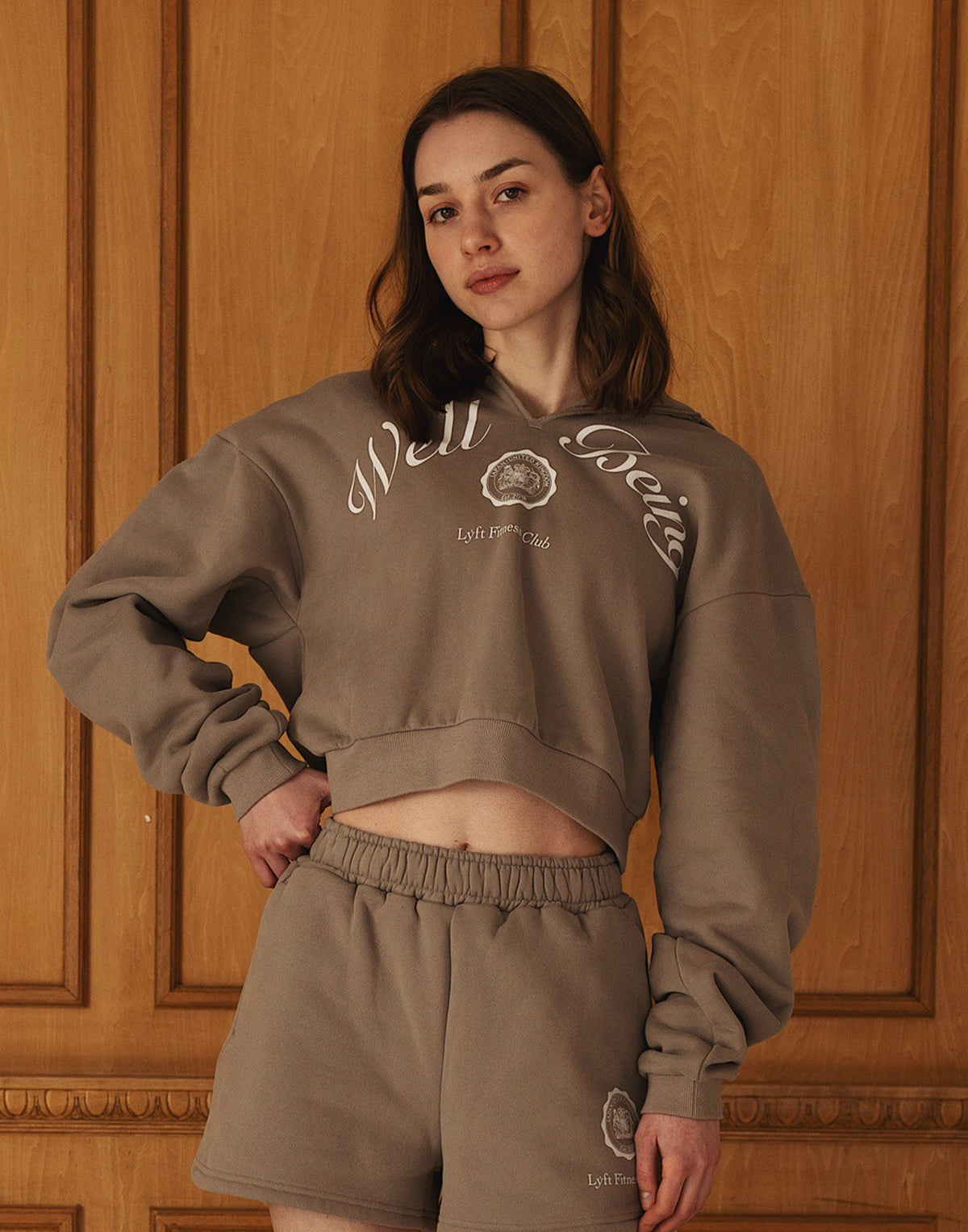 Front-Cut Cropped Hoodie - Beige