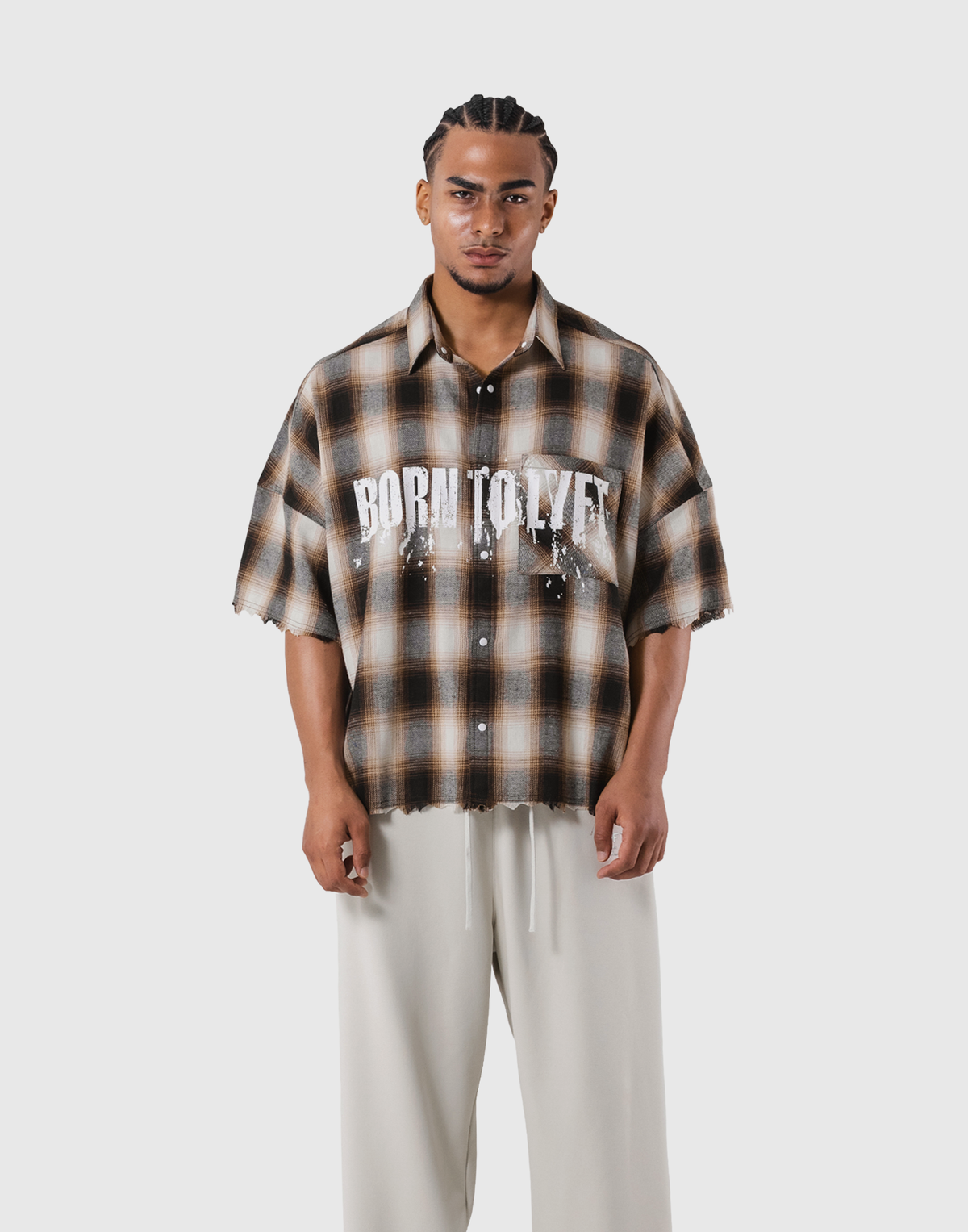 Oversize Cut-Off Check Shirt - Brown