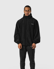 Stretch Nylon Applique Hoodie Jacket - Black