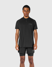 Shoulder Pattern Half Zip Stretch T-Shirt - Black
