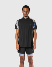 Shoulder Pattern Half Zip Stretch T-Shirt - Blue