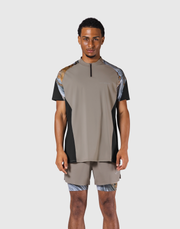Shoulder Pattern Half Zip Stretch T-Shirt - Beige
