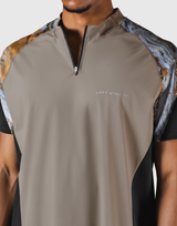 Shoulder Pattern Half Zip Stretch T-Shirt - Beige