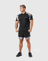 Shoulder Pattern Half Zip Stretch T-Shirt - Blue