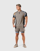 Shoulder Pattern Half Zip Stretch T-Shirt - Beige