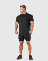 Shoulder Pattern Half Zip Stretch T-Shirt - Black
