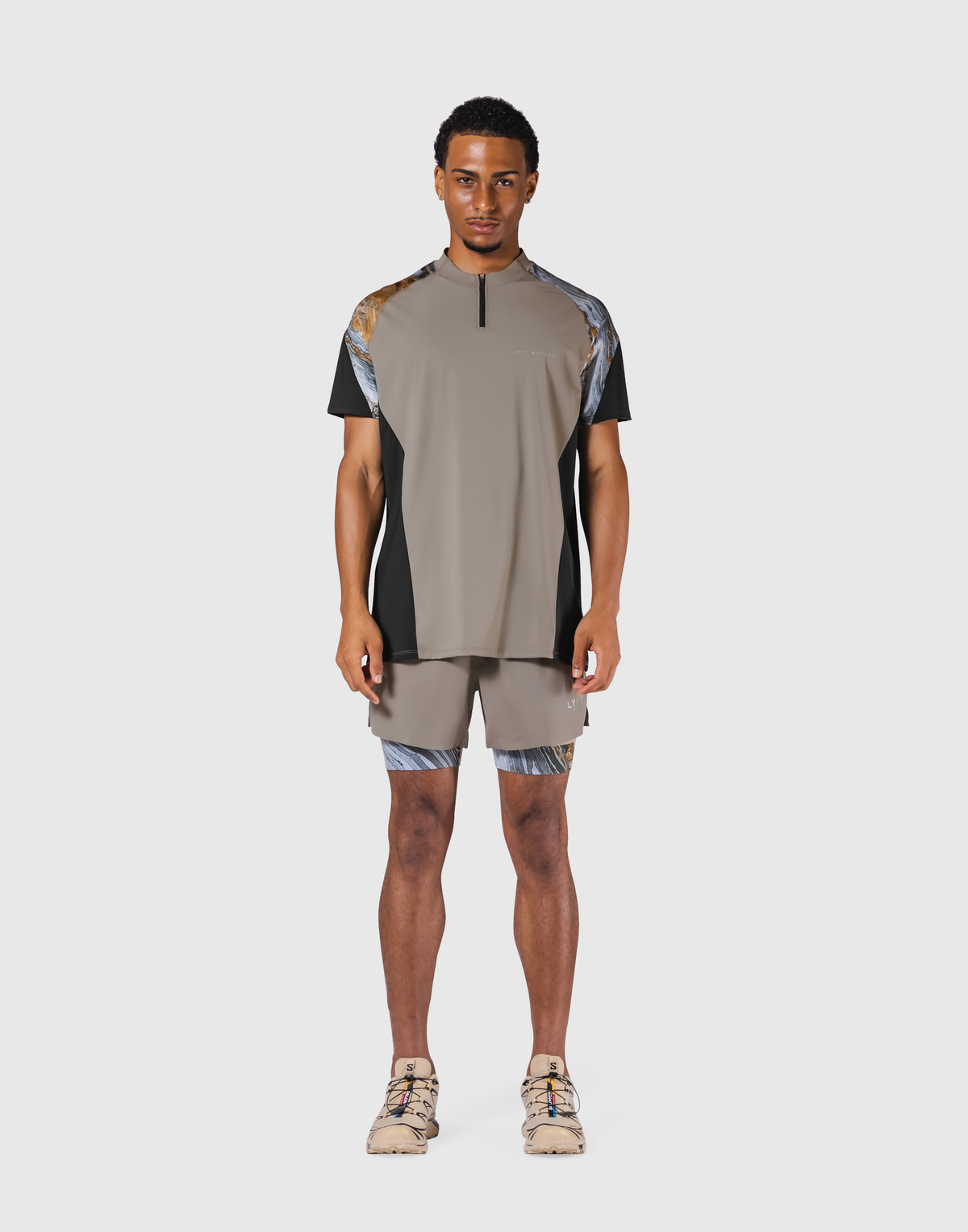 Shoulder Pattern Half Zip Stretch T-Shirt - Beige