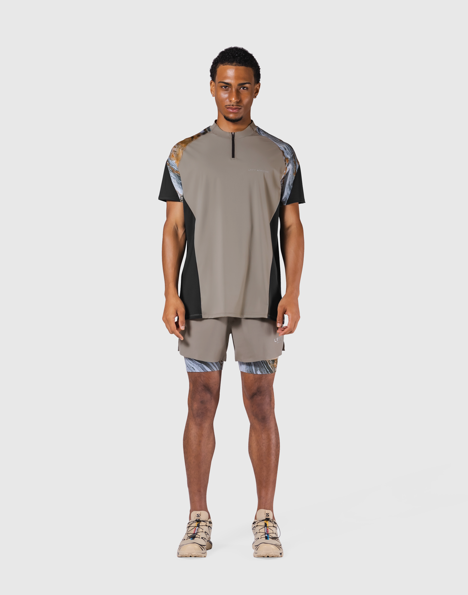 Shoulder Pattern Half Zip Stretch T-Shirt - Beige – LÝFT