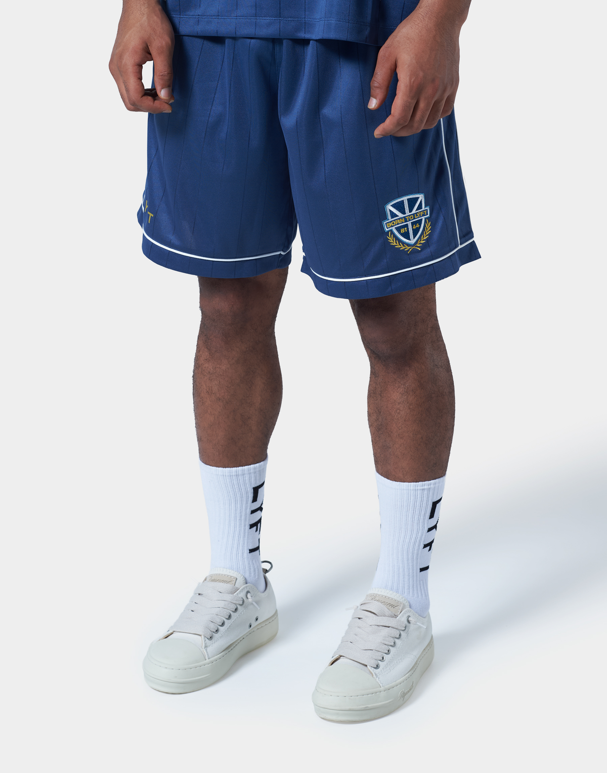 Pinstripe Emblem Shorts - Grey