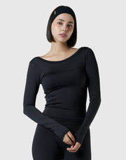 Round Open Back Long Sleeve Top - Black