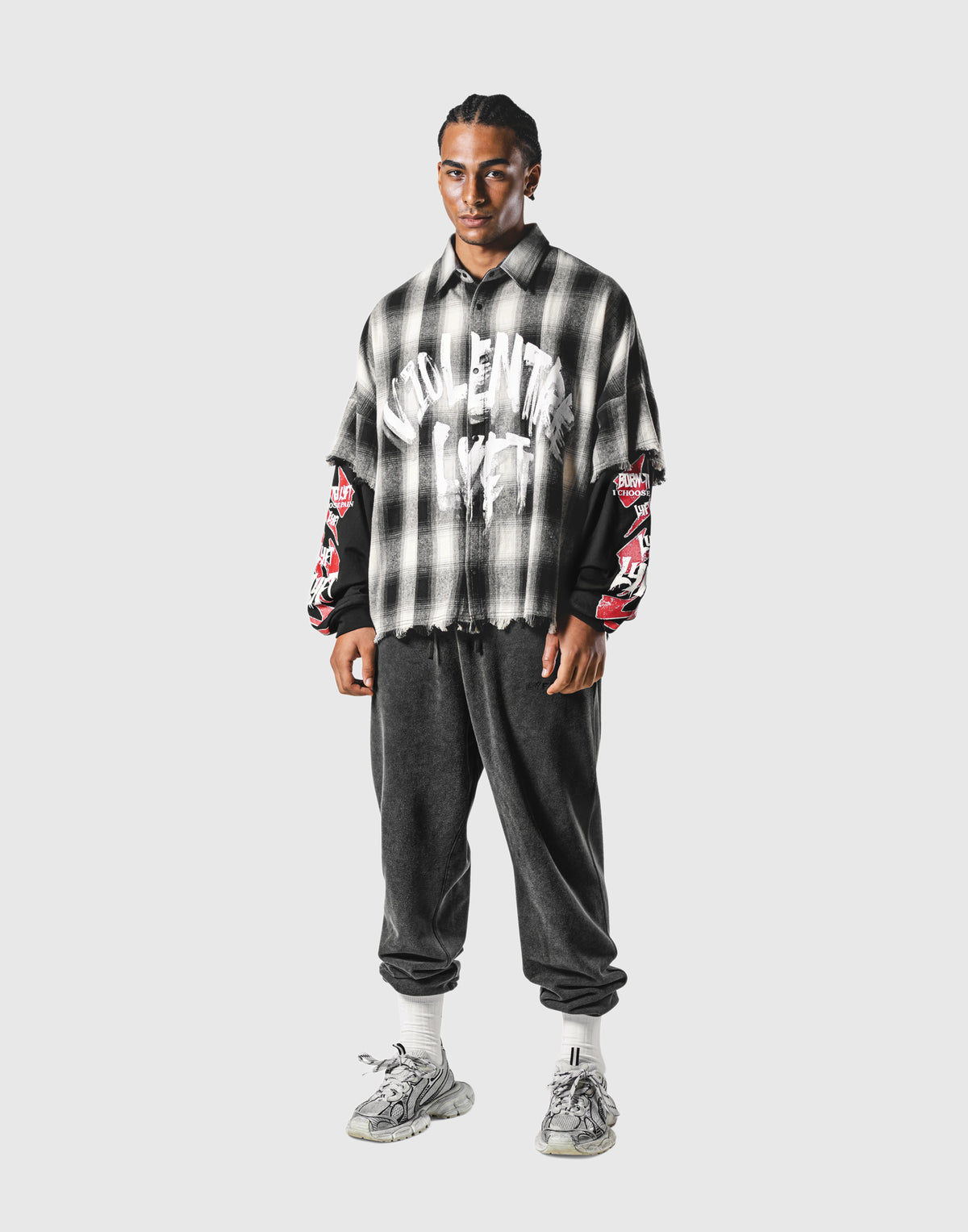 Cut-Off layered Oversize Check Shirt - Black