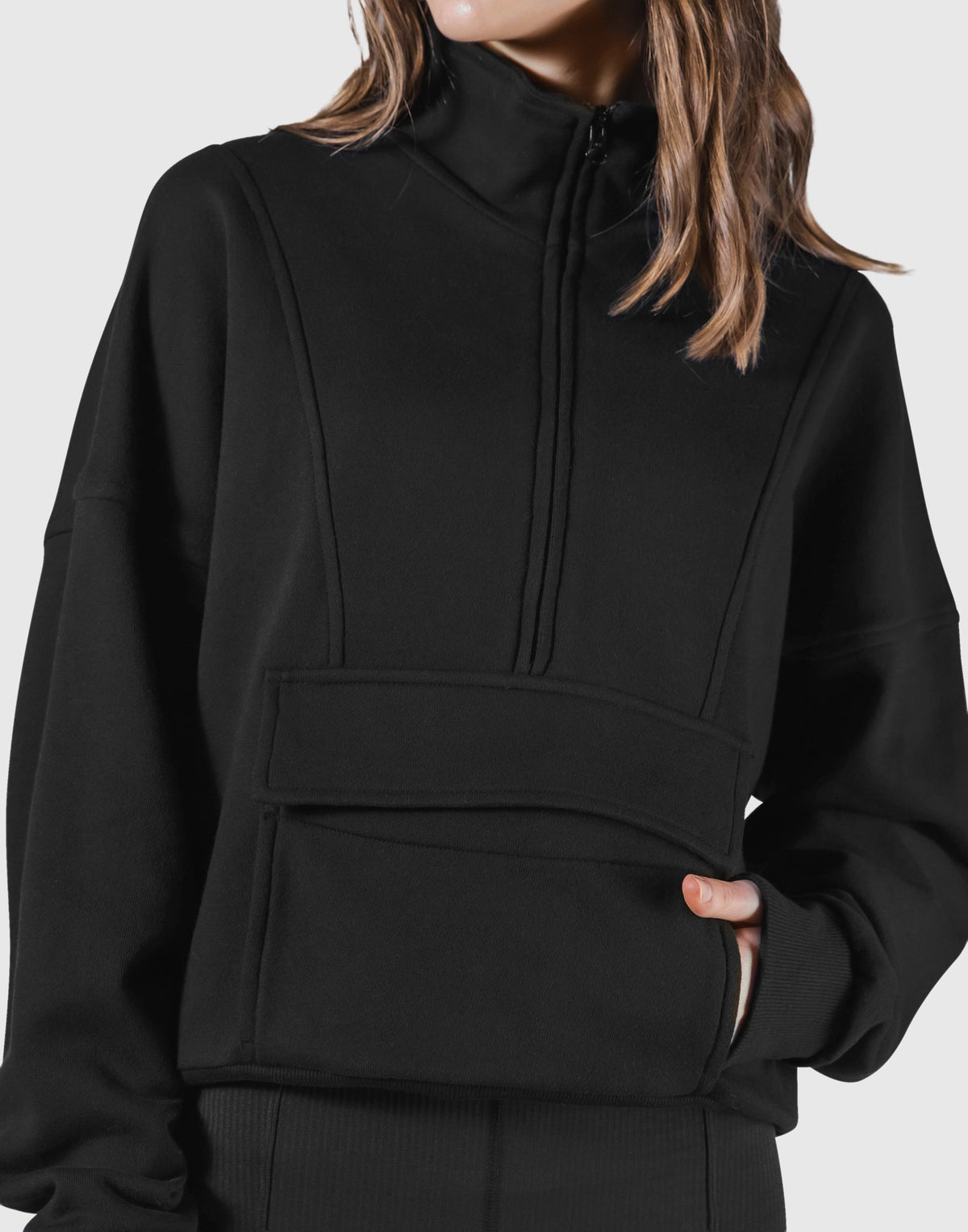 Half Zip 2Way Pocket Sweat Jacket - Black