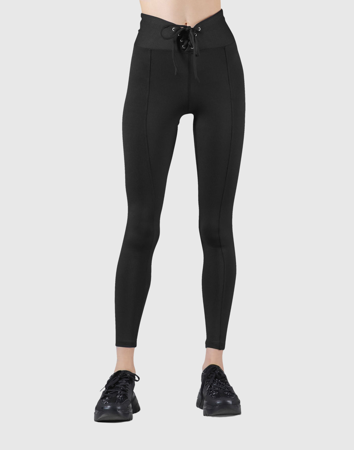 Ribbed Lace-Up Leggings - Black