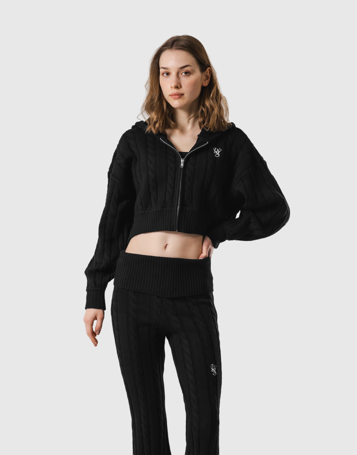 Cropped Cable Knit Hoodie - Black