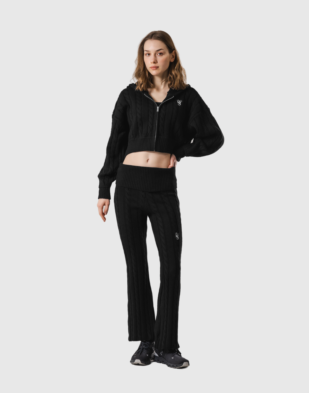 Cropped Cable Knit Hoodie - Black