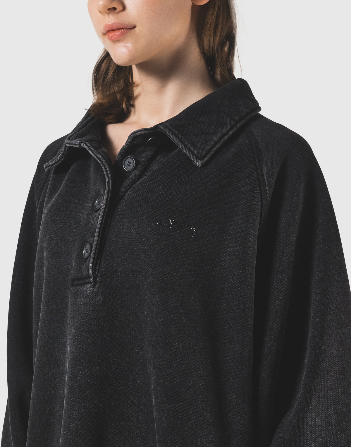 Raglan Sleeve Polo Sweatshirt - Black