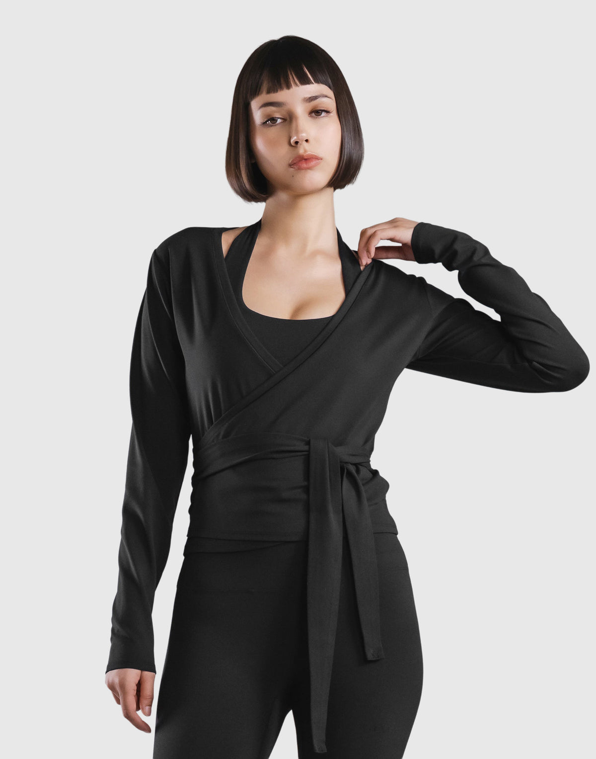 Comfortable Slim Wrap Top - Black