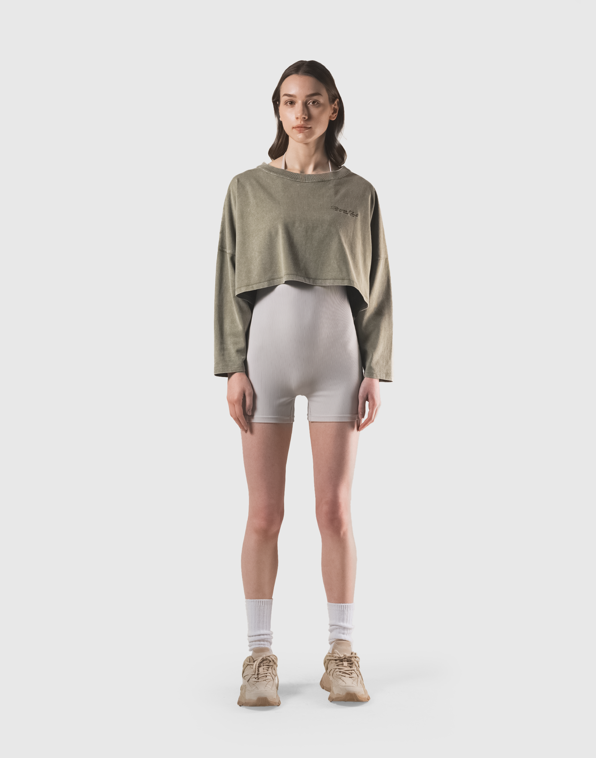 Loose Crop Long Sleeve Shirt - Olive