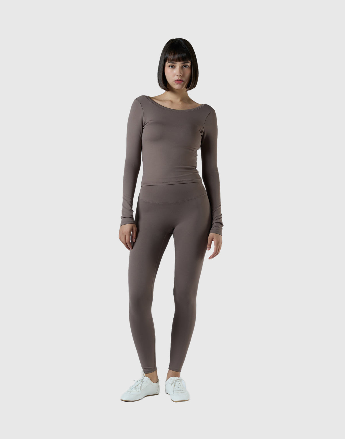Round Open Back Long Sleeve Top - Brown