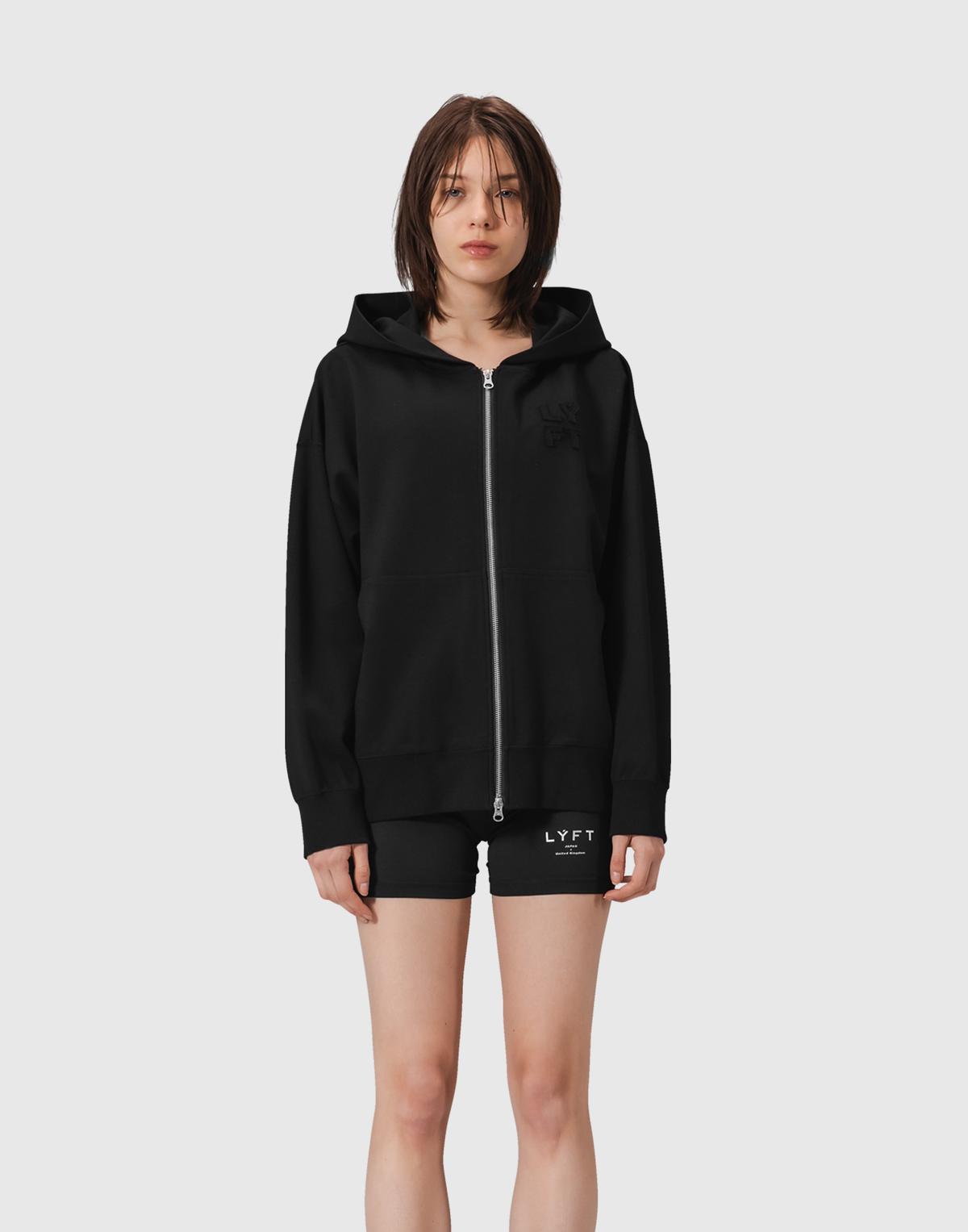 Patching Logo Zip-Up Stretch Hoodie - Black