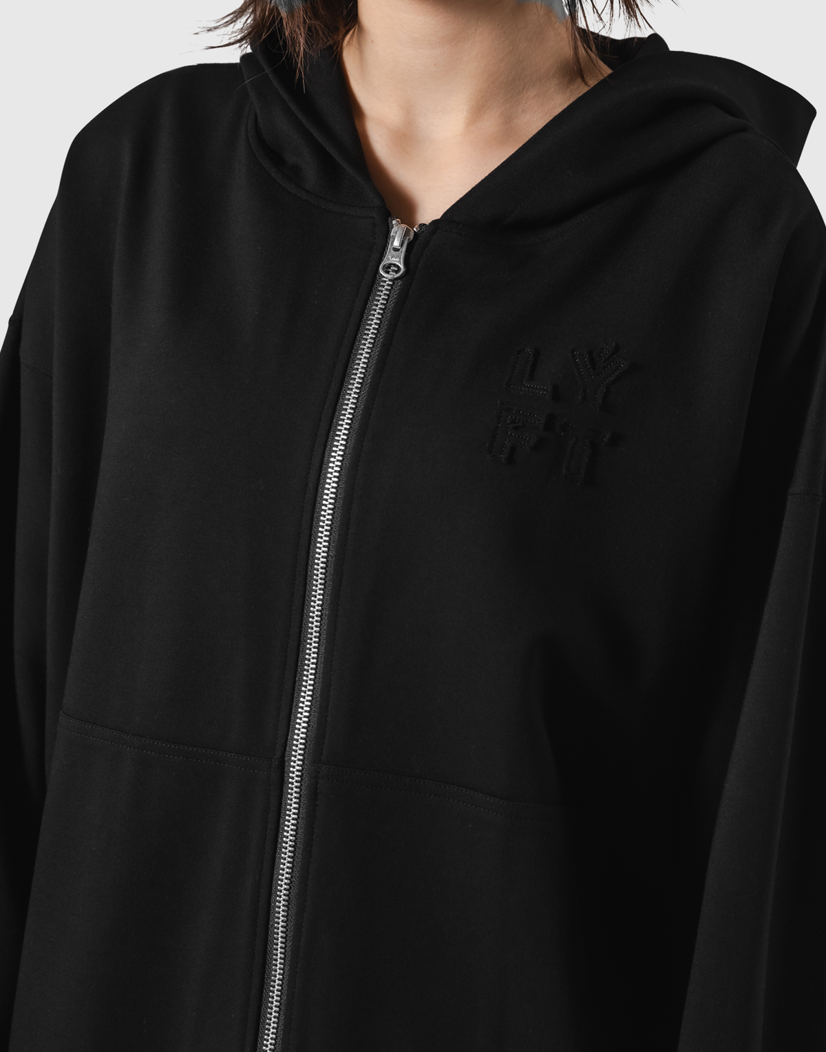 Patching Logo Zip-Up Stretch Hoodie - Black