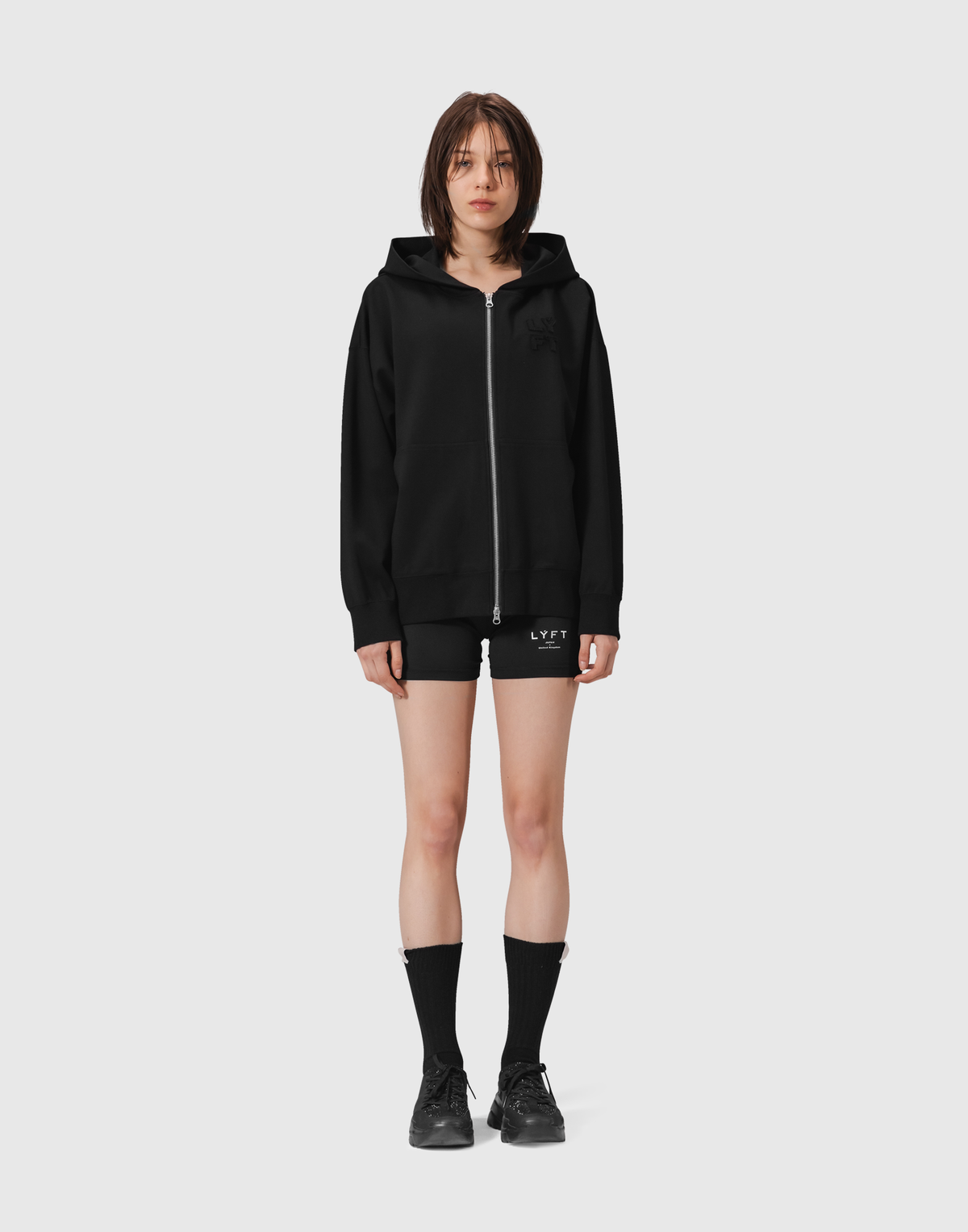 Patching Logo Zip-Up Stretch Hoodie - Black